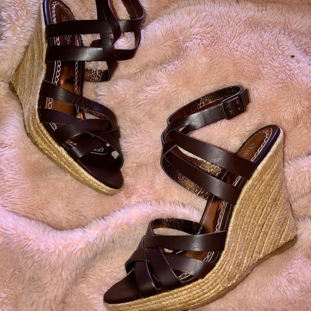 Genuine brown leather strapy wedge sandals